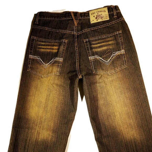 FIVE ELEMENTZ JEANS  34 x 30  Baggy  Blue/Gold Denim  Skater  Pkt Stitch Y2K EUC - Picture 2 of 12